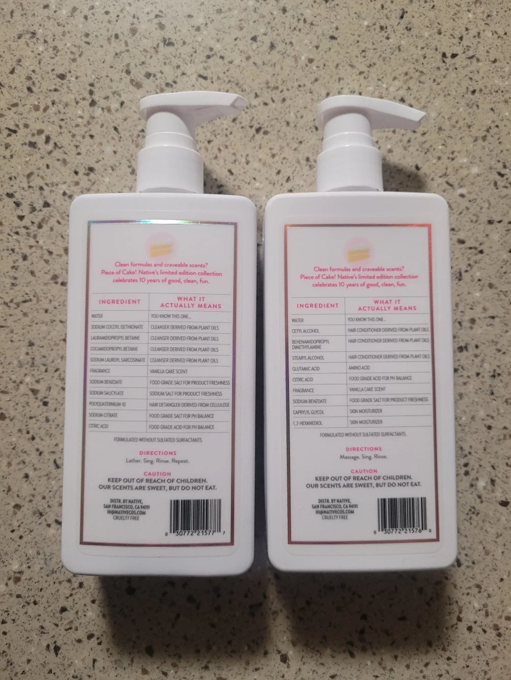 Lot Of 2 Native Limited Edition Piece of Cake Shampoo & Conditioner 16.5 Oz Each